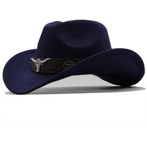 Unisex Navy 100% Polyester Bull Skull Band Classic Fedora Felt Cowboy Hat